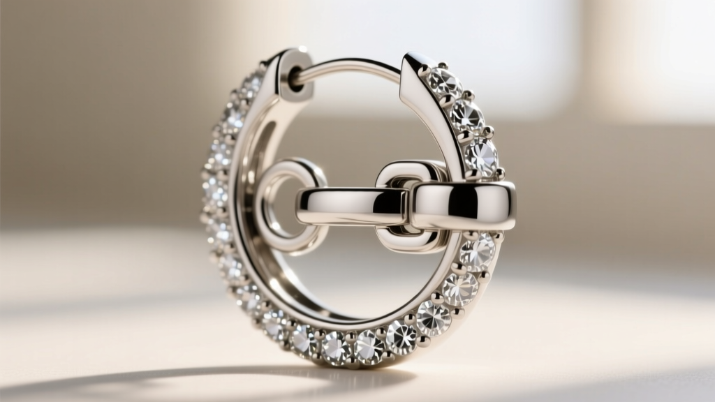 Macro photography of a platinum saddle clasp on a thick 12-gauge diamond hoop earring, highlighting the secure locking mechanism