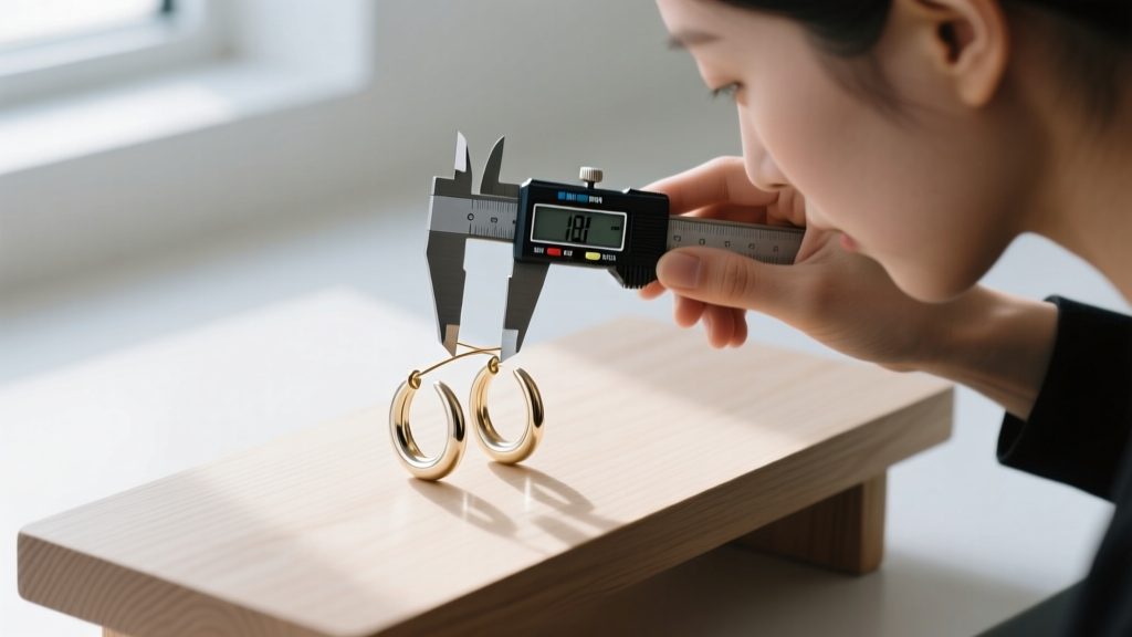 Jeweler using digital calipers to measure the 18-gauge wire thickness of a 14k white gold double hoop earring on a wooden bench.