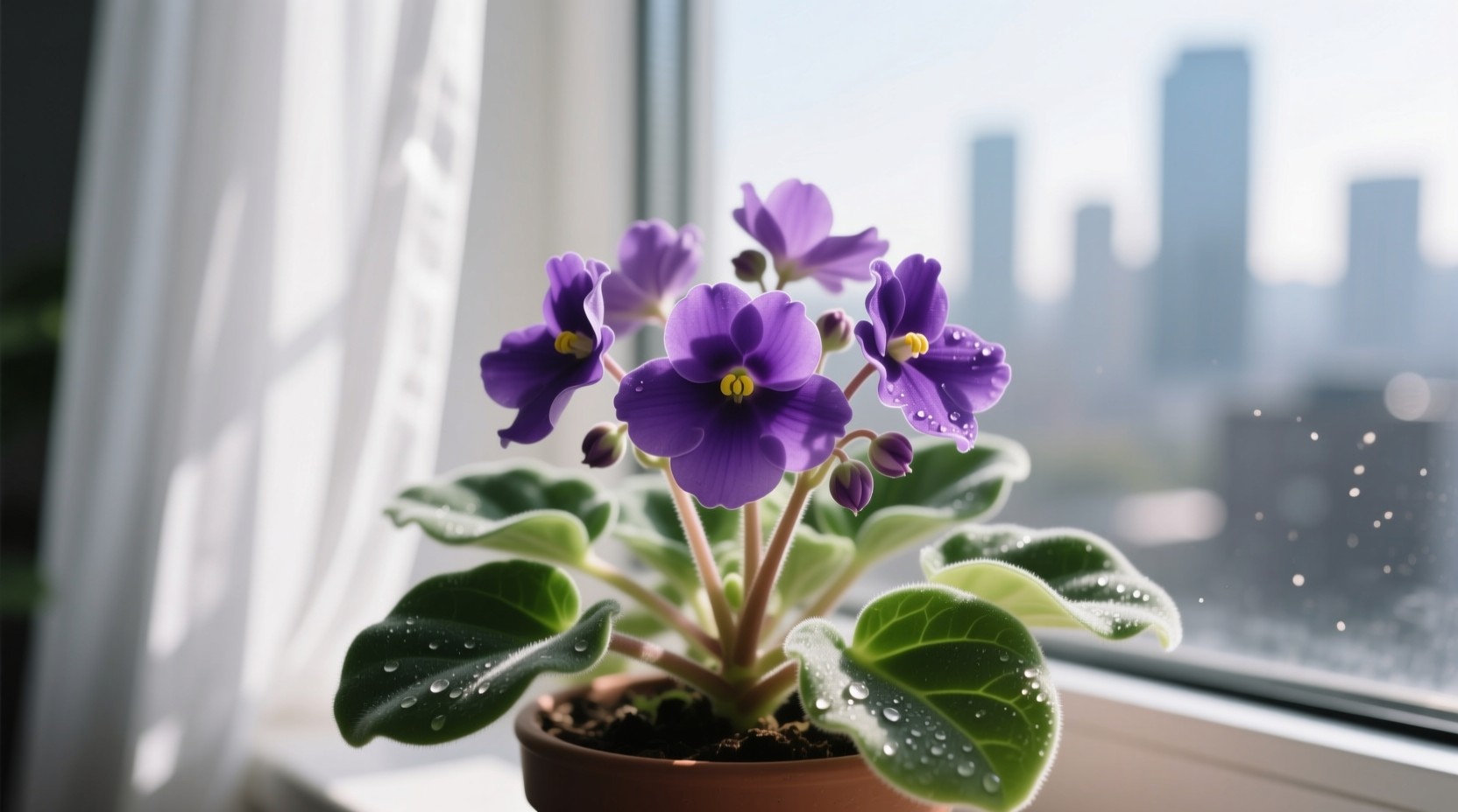 January-blooming African violet in north-facing apartment window showing vibrant flowers, proving true low-light capability for urban dwellers