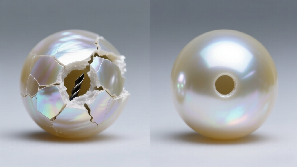 Split comparison of a poorly drilled pearl with chipped nacre edges next to a perfectly clean, symmetrical pearl drill hole.