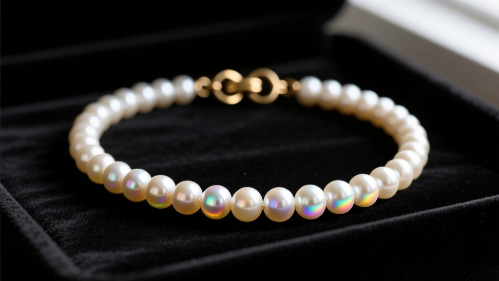 Close-up of a vintage costume pearl necklace on dark velvet, showing the iridescent synthetic nacre coating and a brass clasp.