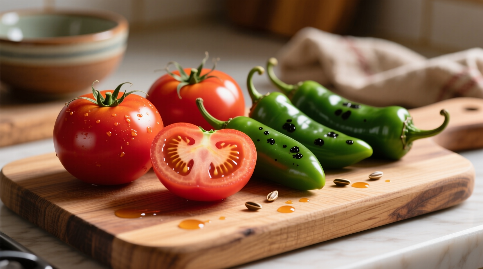Fresh tomatoes with jalapeño peppers on cutting board