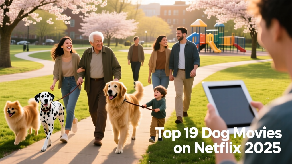 A diverse group of people walking dogs of various breeds in a sunny park