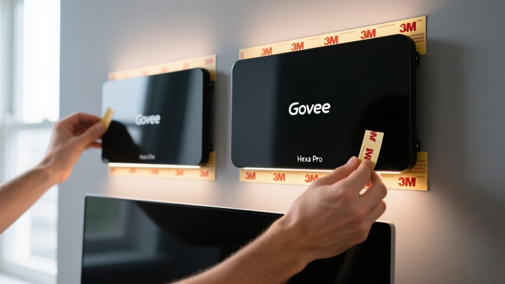 Close-up of hands mounting black Govee Glide Hexa Pro smart light panels on a matte grey wall using 3M VHB adhesive strips above a monitor