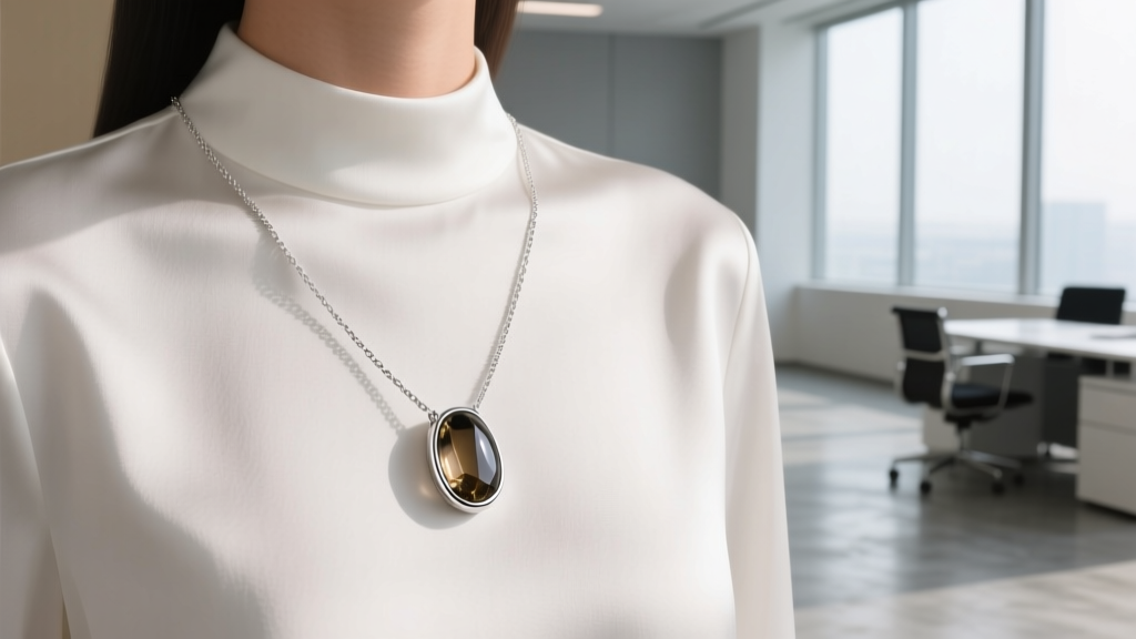 Sterling silver smoky quartz bar necklace on a white blouse, shot in a bright modern office to highlight corporate gifting.