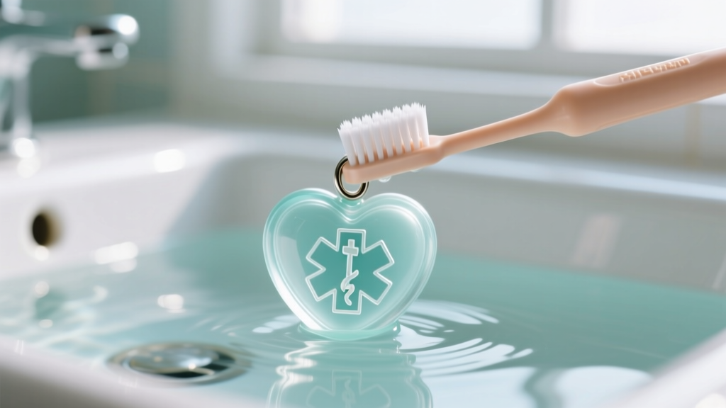 A soft baby toothbrush gently scrubbing the crevices of a novelty plastic medical alert pendant under lukewarm distilled water.