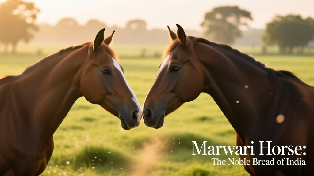 Two Marwari horses gently touching noses in a sunlit paddock, highlighting their signature ear shape and gentle demeanor