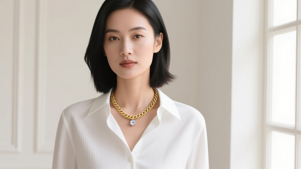 Woman in a white button-down shirt wearing a delicate 18-inch 14k gold rope chain with a small diamond solitaire pendant.