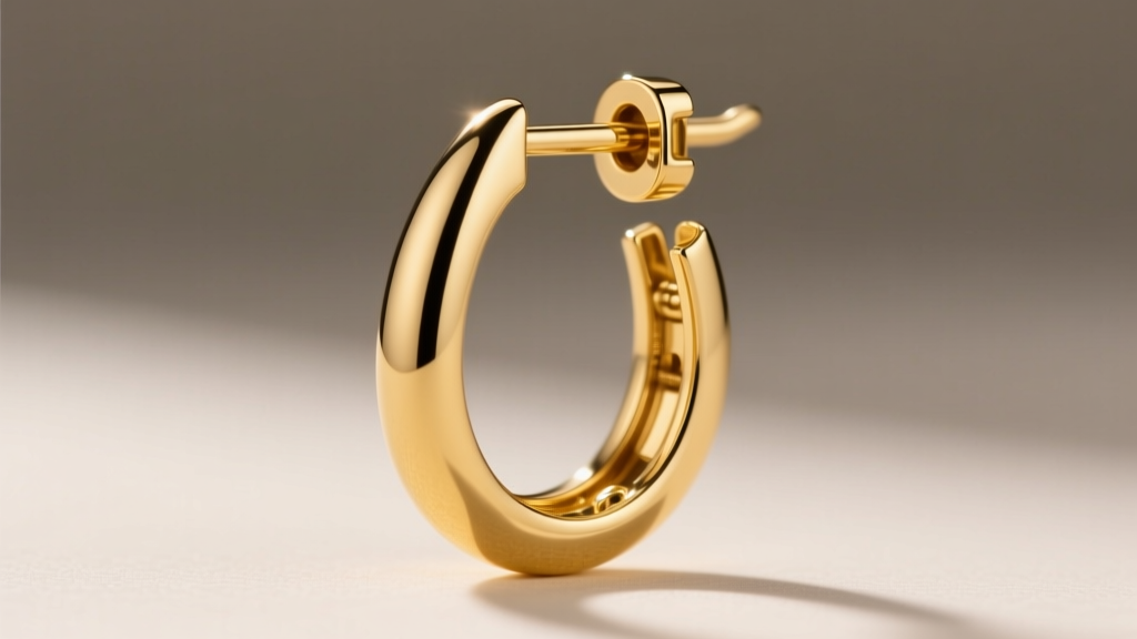 Macro shot of a heavy 18k gold drop earring with an omega back clasp, revealing the mechanical hinge and secure latch mechanism.