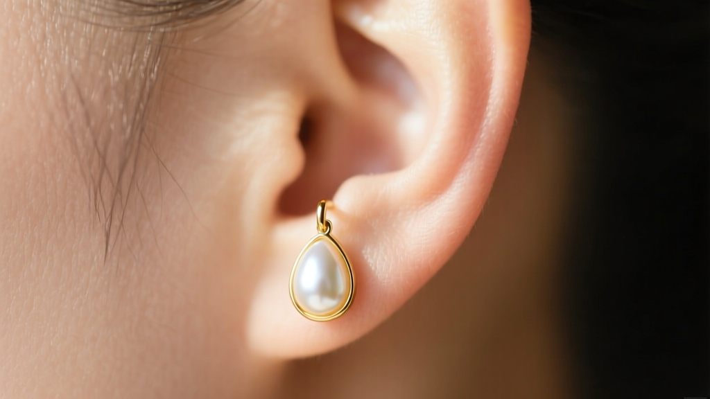 Macro shot of an earlobe wearing a 14k gold drop stud earring with a teardrop pearl, illuminated by soft, natural window lighting.