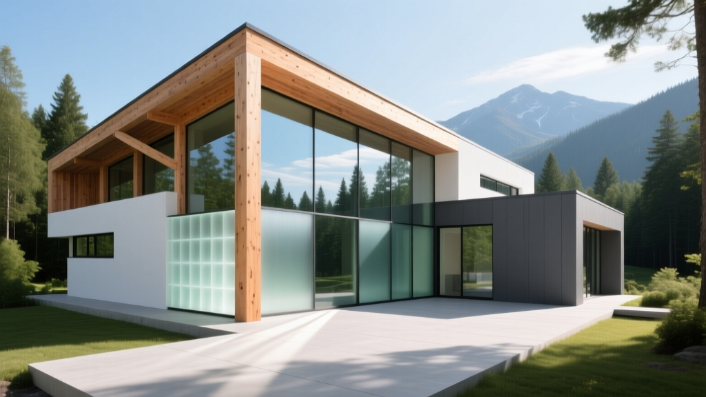 Architectural render of a modern 2026 home featuring cross-laminated timber framing, aerogel insulated walls, and electrochromic smart glass windows