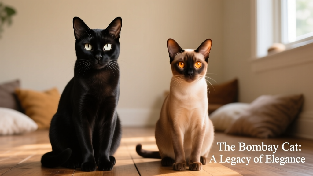 Side-by-side portrait of a classic Bombay cat and its Burmese ancestor, highlighting shared facial structure and expressive eyes