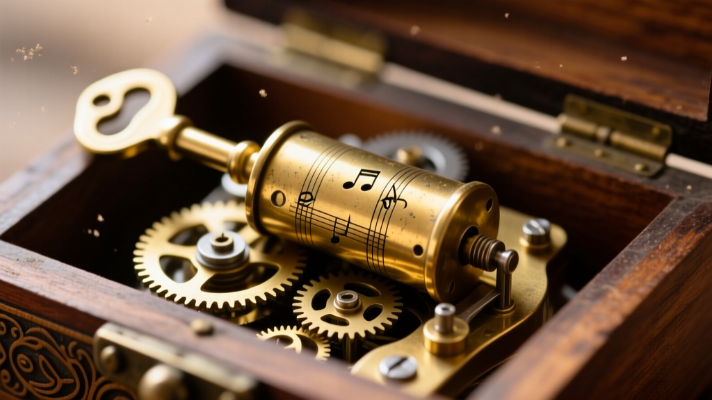 Macro shot of a brass music box mechanism inside a jewelry box, highlighting the winding key, gear train, and pinned brass cylinder