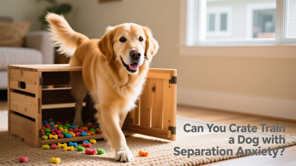A happy dog entering an open crate voluntarily, with treats scattered inside