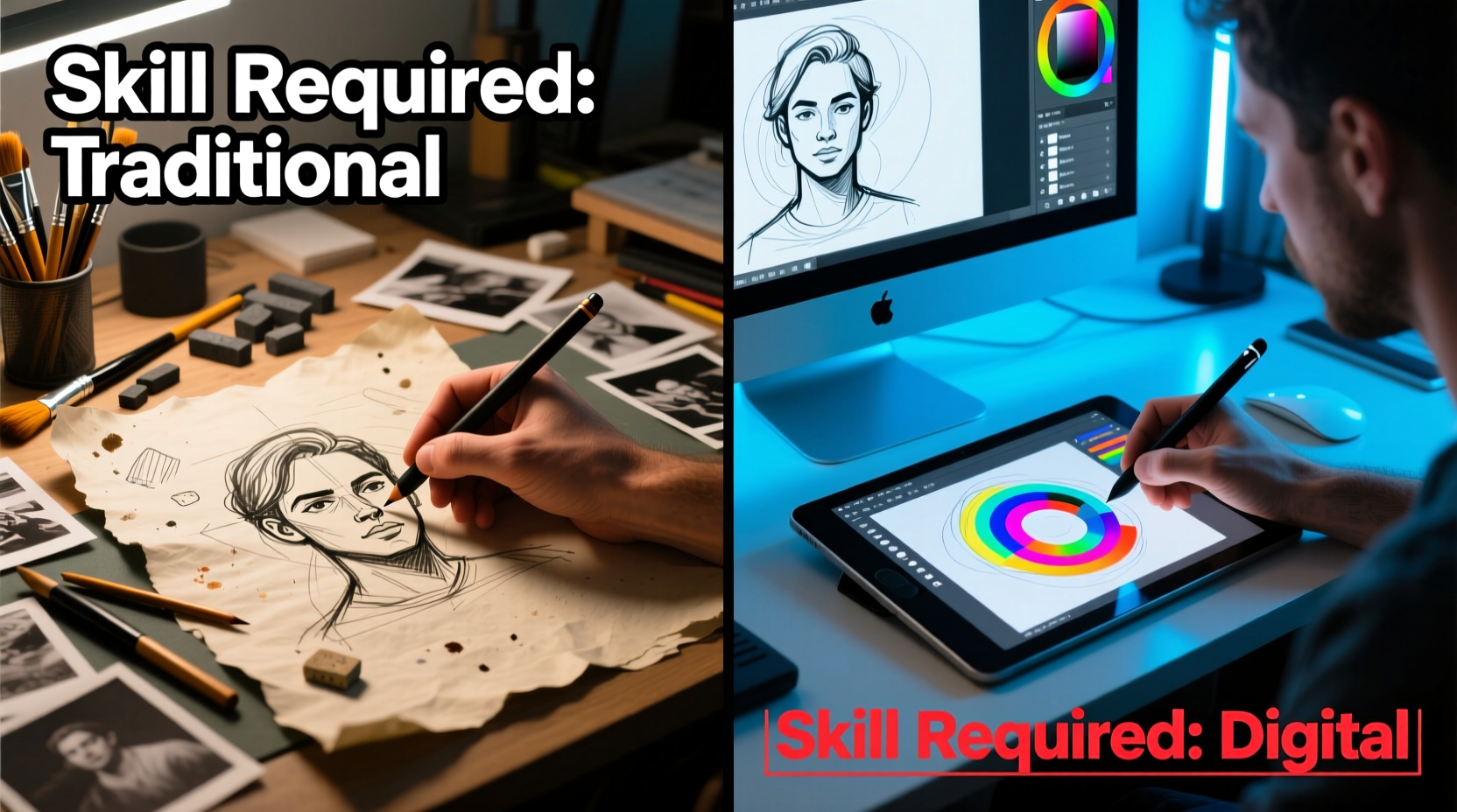 is digital art easier than traditional drawing tools and skill required