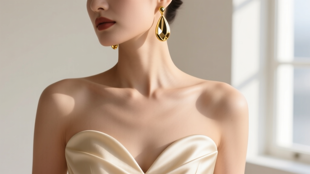 Macro shot of a sweetheart neckline dress paired with sleek 18k gold teardrop earrings, highlighting the collarbone and jawline