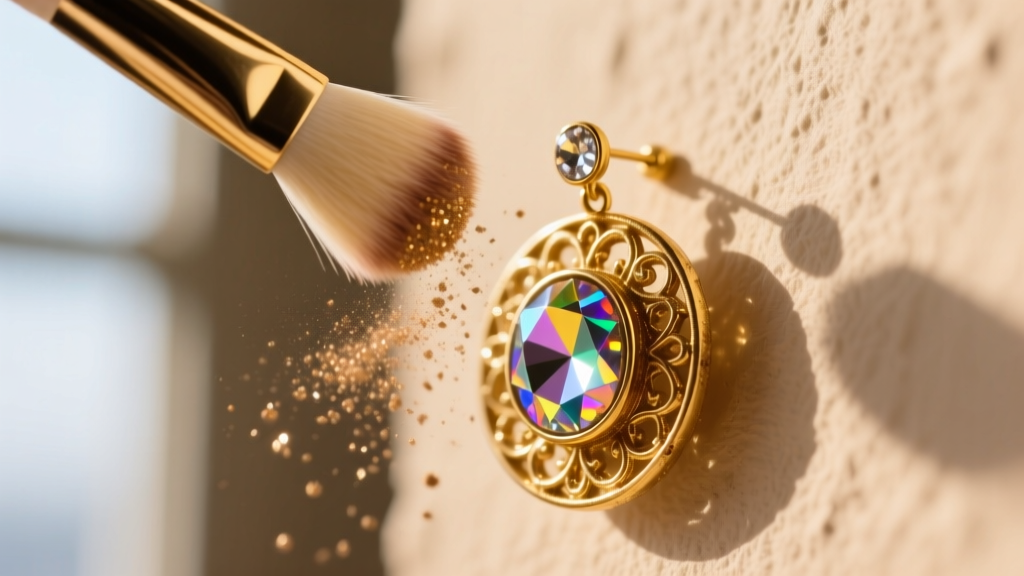 Close-up of a soft makeup brush gently dusting foil-backed glass rhinestones on a vintage 1980s gold button earring