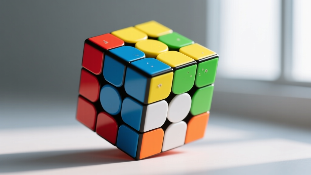 Macro shot of Rubik's cube stud earrings with vibrant cold enamel colors on a brushed titanium post under soft studio lighting