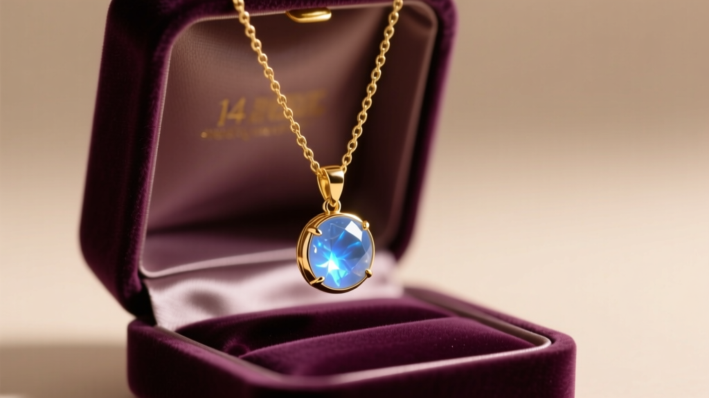 Open velvet box revealing a glowing blue moonstone pendant on a delicate 14k gold chain under soft, romantic lighting