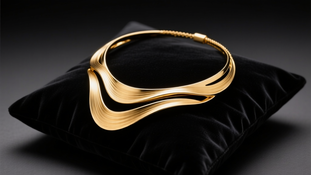 Sculptural 14k gold Pam Hiran necklace on dark velvet, lit by soft studio lighting to highlight the brushed metal texture