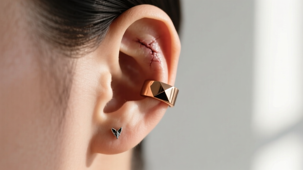 Side profile of a healed ear showing a rook piercing adorned with a rose-gold anodized titanium segment ring in natural light