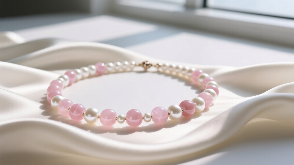 Rose quartz pearl necklace with 8mm pink beads and white freshwater pearls resting on draped ivory silk fabric.