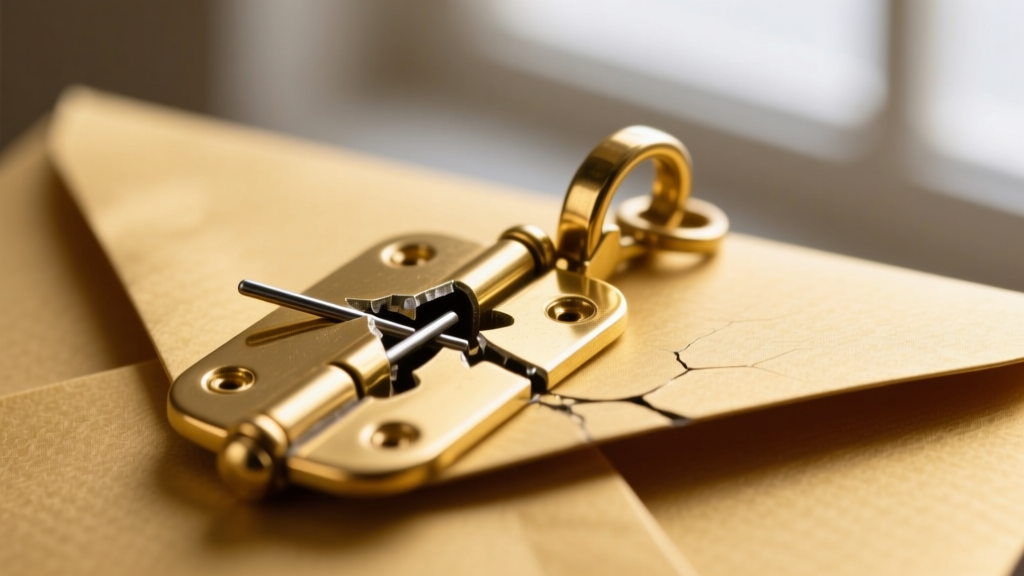 Macro shot of a broken brass hinge on a gold envelope pendant, showing the microscopic metal pin and bent catch mechanism.