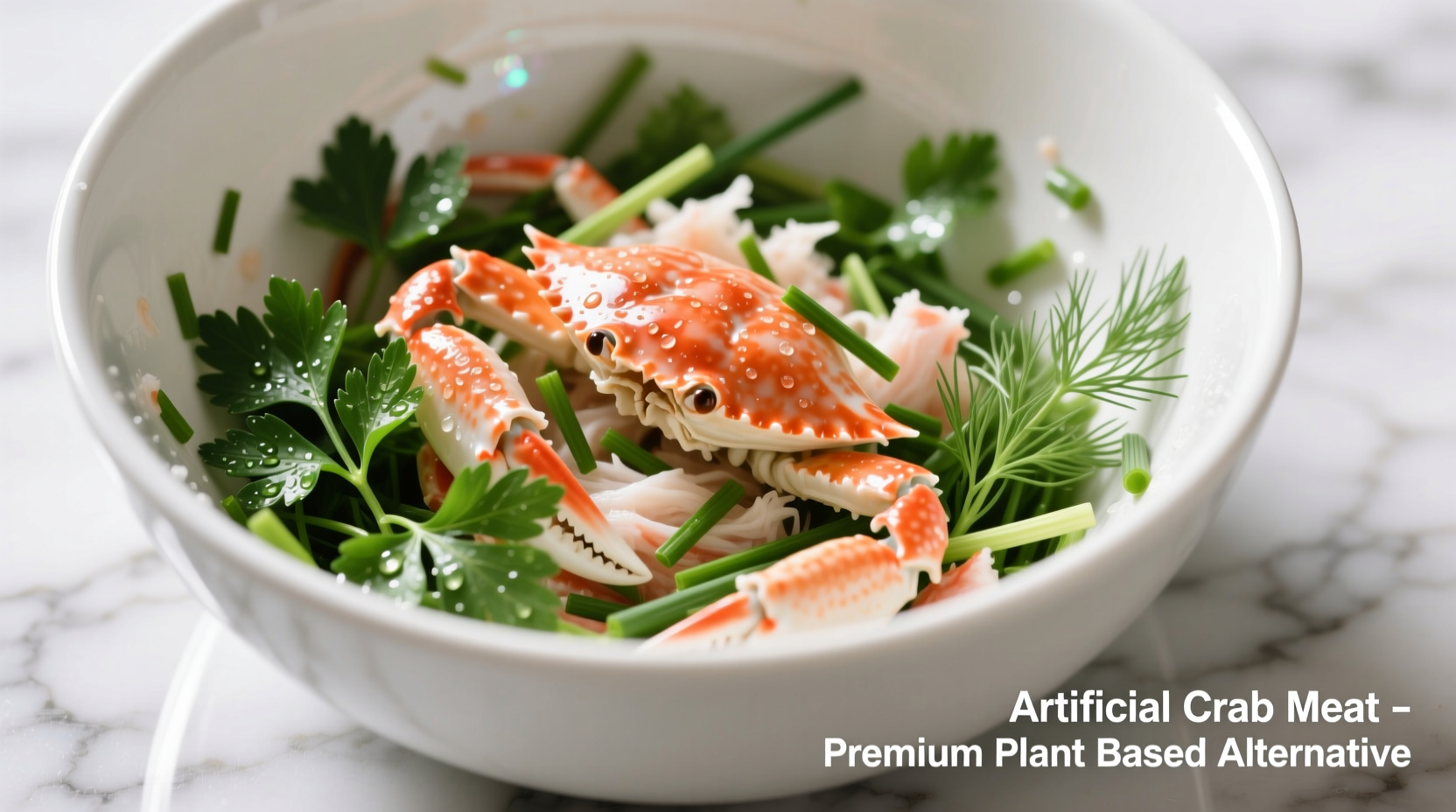 Artificial crab meat in mixing bowl with herbs