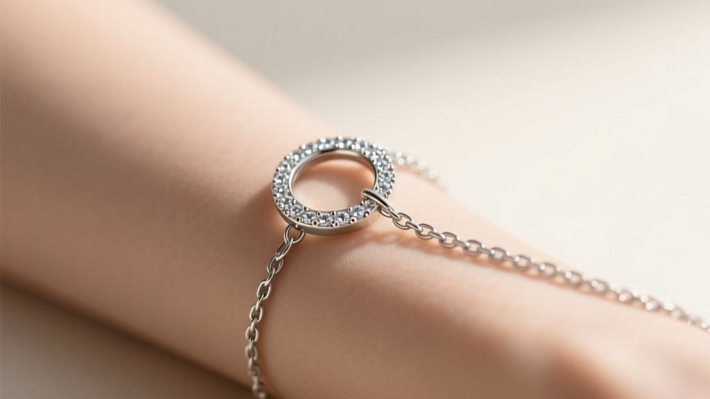 Macro shot of a 1.5mm sterling silver lariat chain threading through a diamond-studded circular loop clasp against soft skin tones.