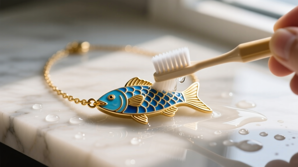 Gold vermeil christian fish necklace with blue enamel being gently cleaned with a soft-bristled toothbrush and mild soapy water.