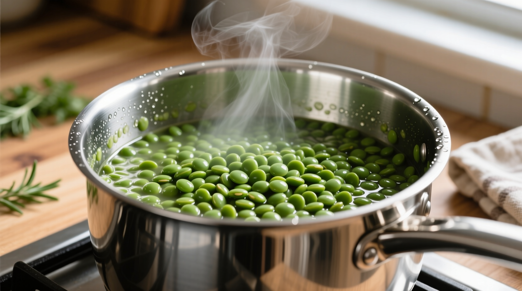 Green lentils simmering in stainless steel pot at low heat