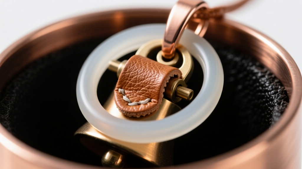 Macro shot of a leather insert and silicone o-ring inside a copper cowbell pendant clapper mechanism to dampen sound