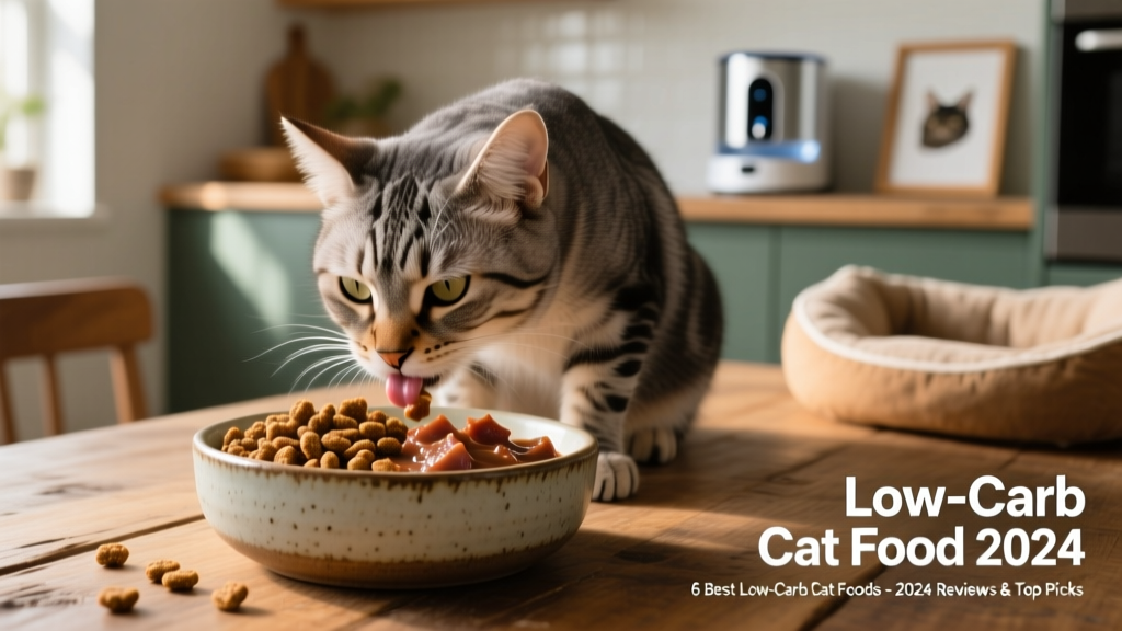 Close-up of a lean, active adult cat eating from a ceramic bowl filled with high-protein kibble and wet food