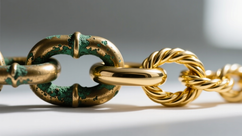Macro photo of a faded brass alloy chain link with green oxidation next to a polished solid 14k yellow gold rope chain link.