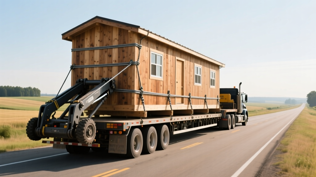 Heavy-duty flatbed truck transporting a 12x20 wooden storage building down a rural highway using hydraulic skid-steer attachments