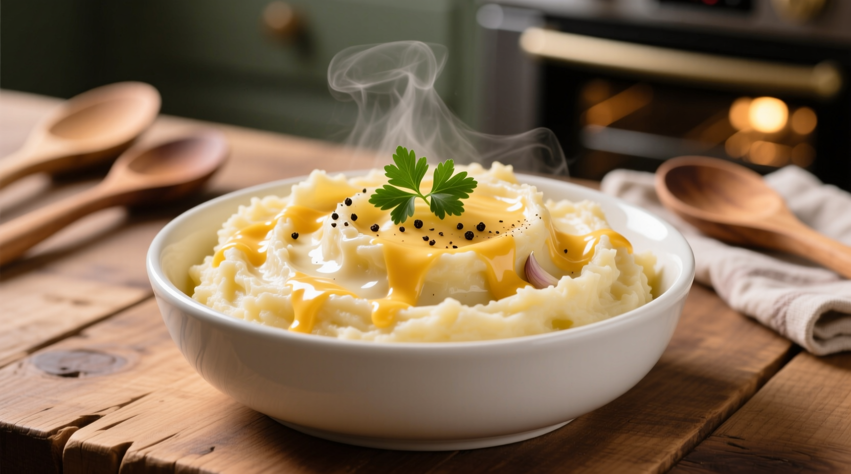 Creamy cheesy mashed potatoes in white bowl
