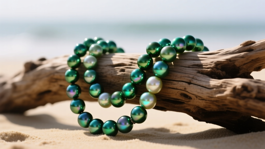 Peacock-green Tahitian pearls with deep overtones draped over raw driftwood, illuminated by warm directional sunlight.