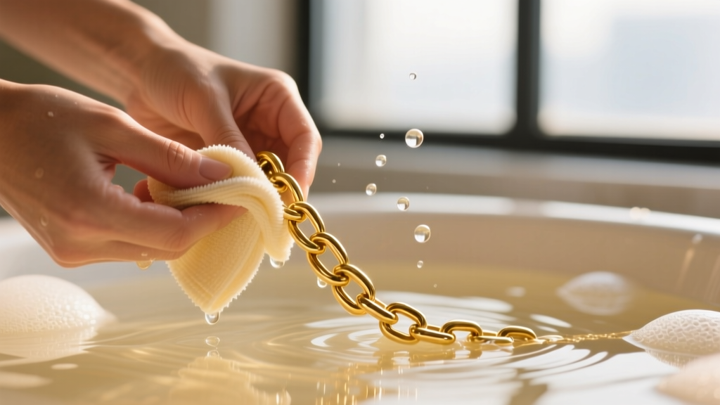 Hands cleaning a gold plated chain in warm soapy water with a microfiber cloth, illuminated by bright, soft natural window light.