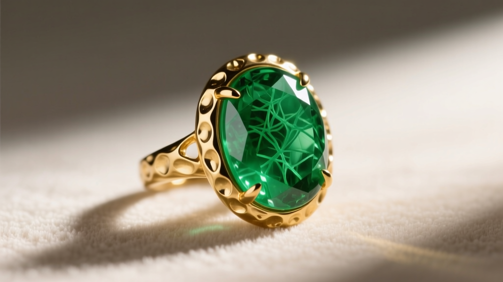 Macro photography of a vivid green Guatemalan jadeite cabochon set in hammered gold, highlighting its fibrous interlocking texture.