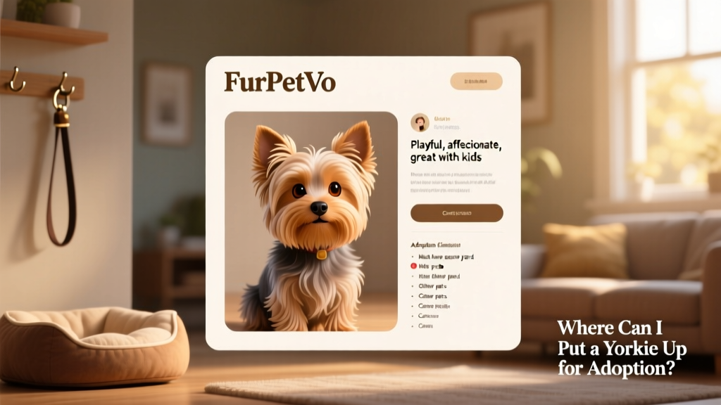 Screenshot-style illustration showing a well-organized FurPetVo profile page with photos, bio, and adoption criteria for a Yorkie