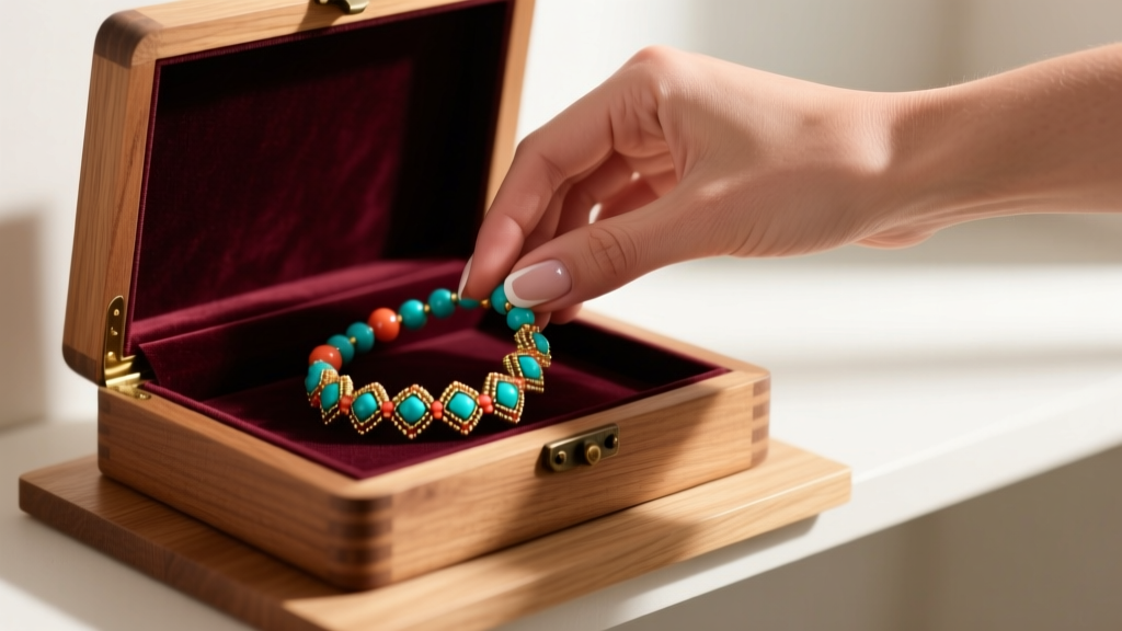Hand gently placing a beaded elekes necklace into a wooden box lined with velvet, situated on a clean elevated altar shelf.