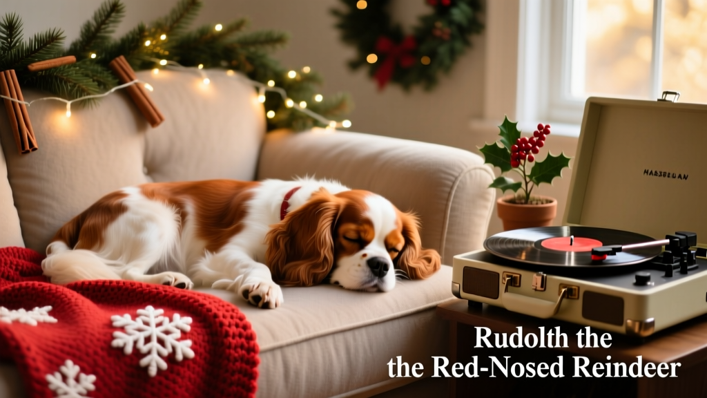 Cavalier King Charles Spaniel resting peacefully on a cozy couch decorated for Christmas