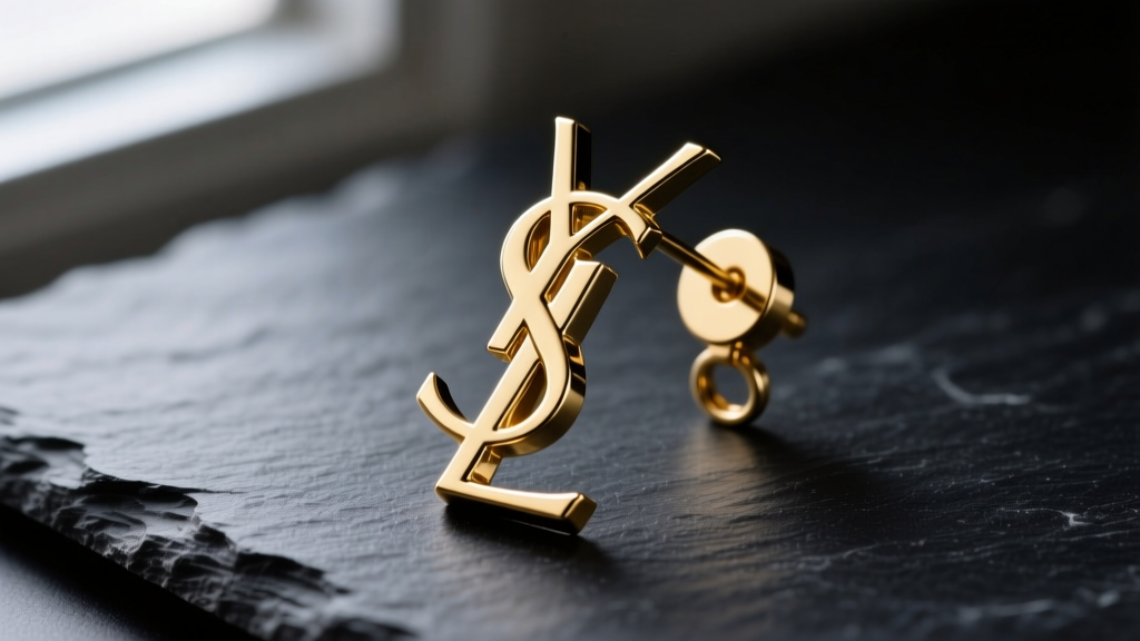 Close-up of a gold-plated brass YSL logo drop earring on dark slate, highlighting the high-polish metal finish and sharp edges.