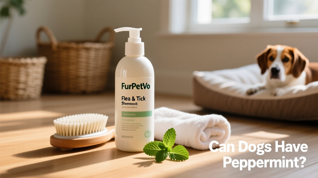 Bottle of FurPetVo Flea & Tick Shampoo next to a clean dog brush and towel