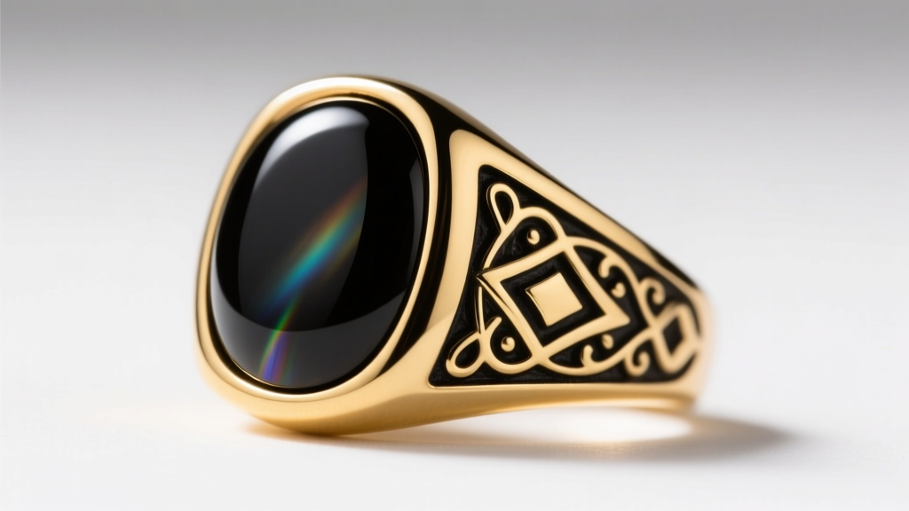 Close-up of an 18k yellow gold signet ring with a polished black onyx center and intricate black rhodium engraving on the band.