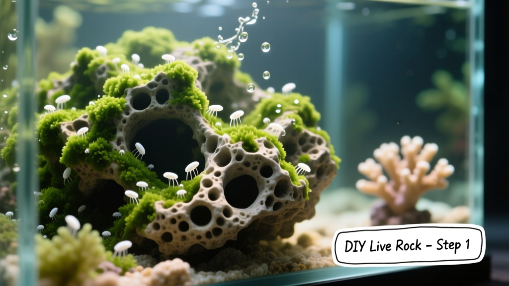Close-up of porous DIY live rock covered in green microalgae and tiny white copepods