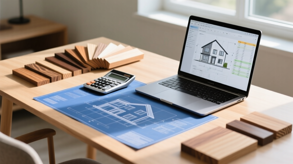 Blueprints on a desk next to a calculator, lumber samples, and a laptop displaying a residential construction budget spreadsheet.