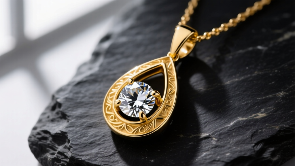 Macro shot of a 14k yellow gold teardrop necklace pendant with a 1.5-carat pear-cut lab diamond resting on dark slate stone
