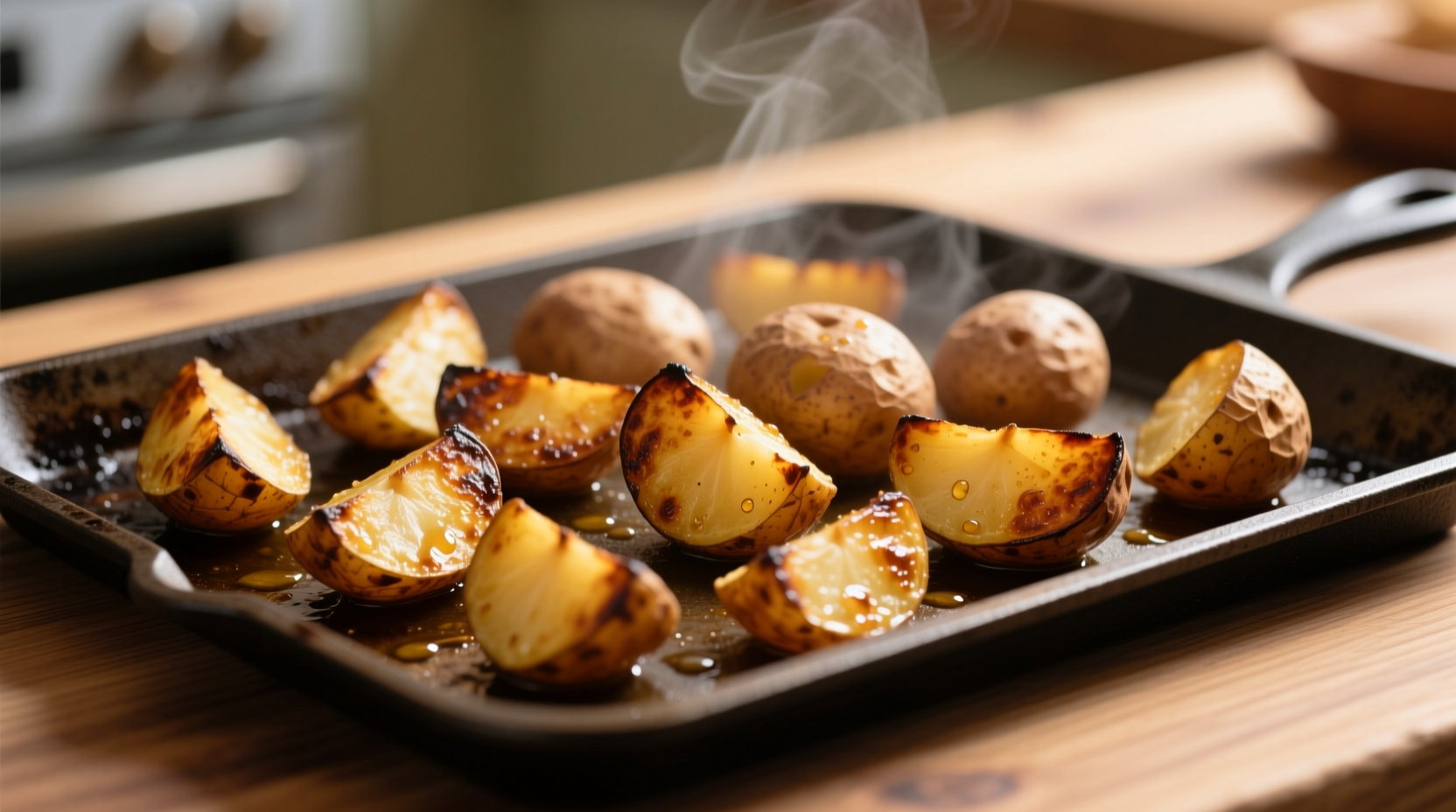 Golden brown roasted potatoes on baking sheet