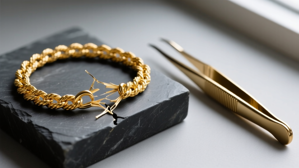 Macro photograph of a broken 14k yellow gold rope chain resting on a dark slate jewelers bench block next to brass tweezers.